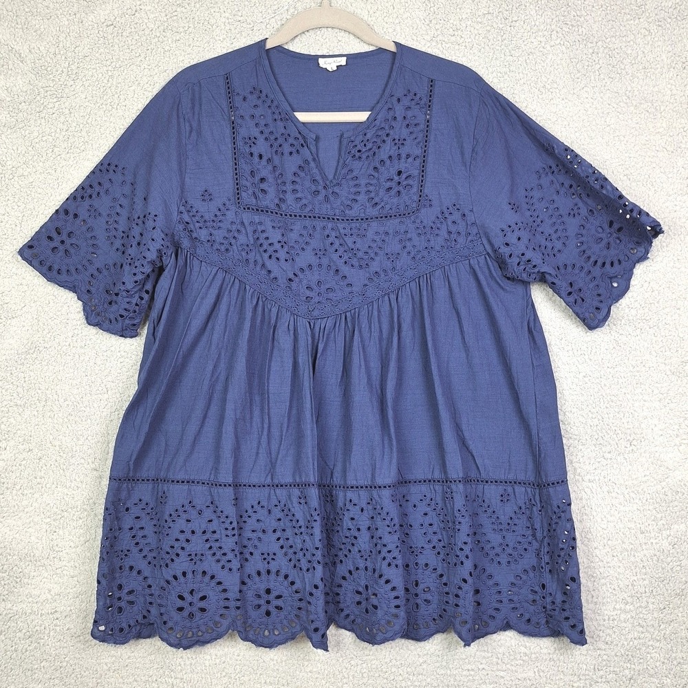 Kings Road Blouse Womens Large Blue Babydoll Eyelet Tunic Boho Embroidered Top
